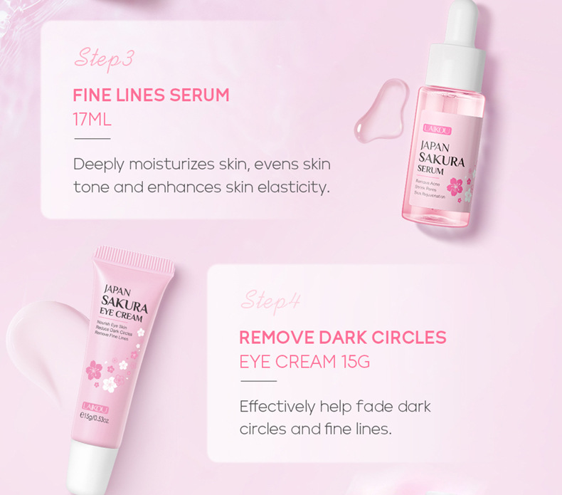 LAIKOU Face Serum Cleanser Lotion Toner Cream Japan Sakura Skin Care Set 6pcs