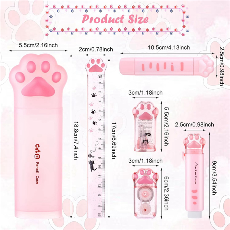Cute Cat Stationery Set, 6 Pcs Kawaii Cat Stationary Kit Pencil Sharpener Retractable Eraser Correction Tape Ruler