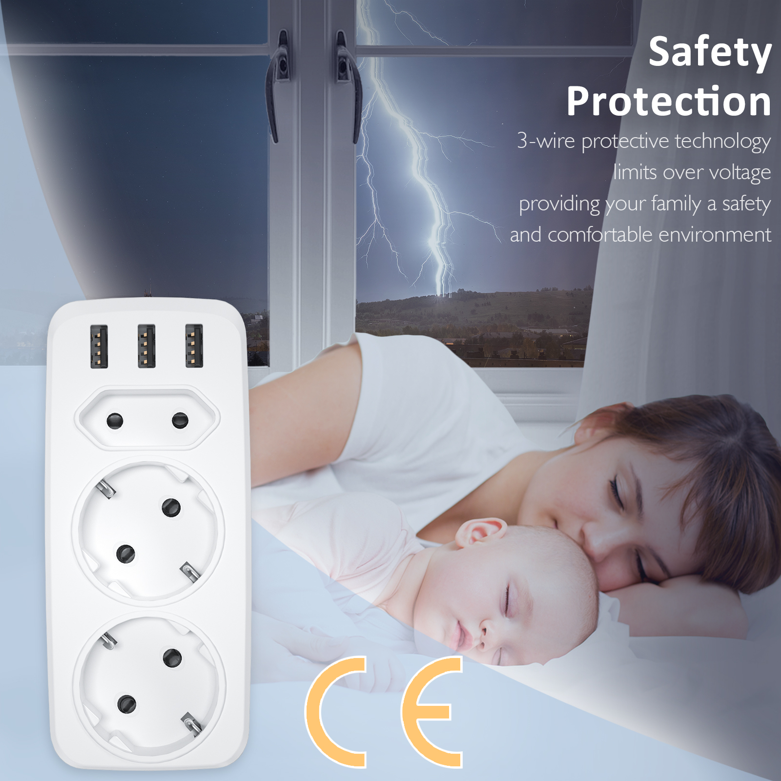 LENCENT USB Wall Charger Socket Adapter 6 in 1 Multi-Plug, Triple Multi-Plug, 3-Way Multi-Socket, Double 4000W Schuko and 1 Bangladesh Multi-Socket with 3 USB Charger Plugs for Mobile Phones. 