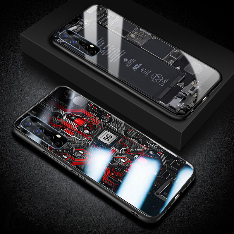 For Realme 7 Back Cover Version Theme Case Tempered Glass Protection shockproof Cover for Realme7 case Transparent Circuit Board Design Full Coverage Phone cases. 