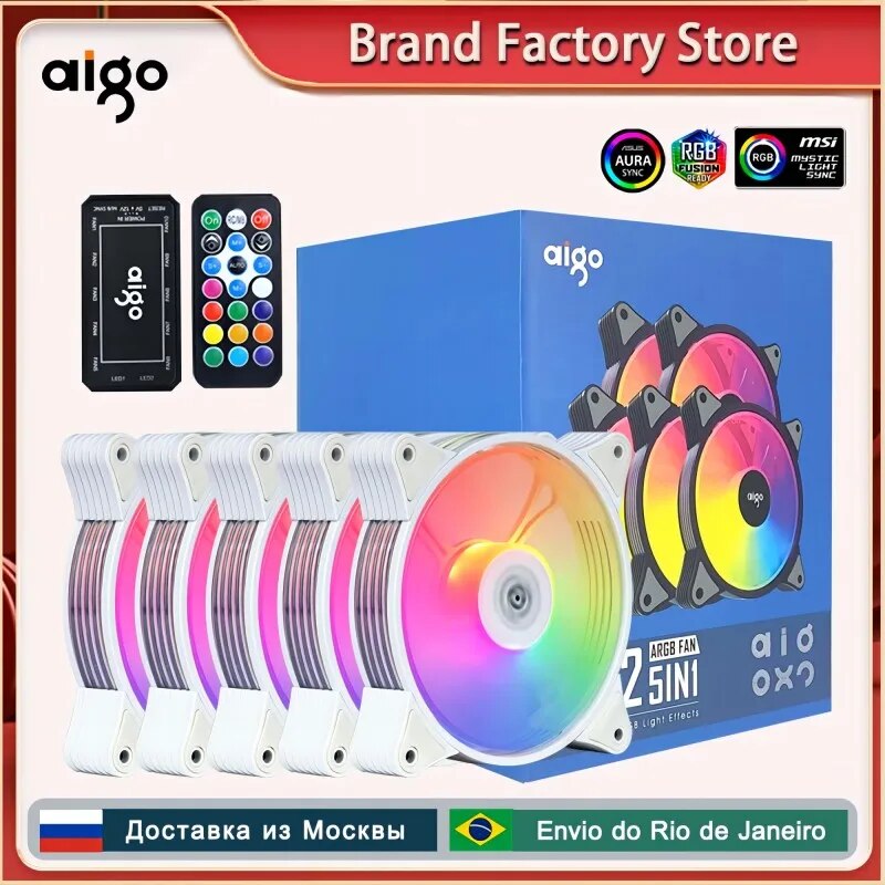 Aigo AR12 White 120mm Cooling Fan RGB 3pin 5v aura sync 12cm pc computer Cooler argb Silent Case Fan with Controller