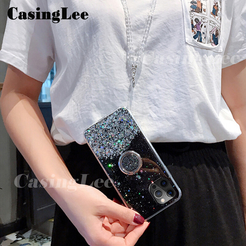 Casinglee for Samsung Galaxy A03 Core case Shiny Ring Glitter Soft Transparent Holder Stand Back cover with String for Samsung A03 Core Phone cases cover Stars Moon Girls For girls and Boys. 