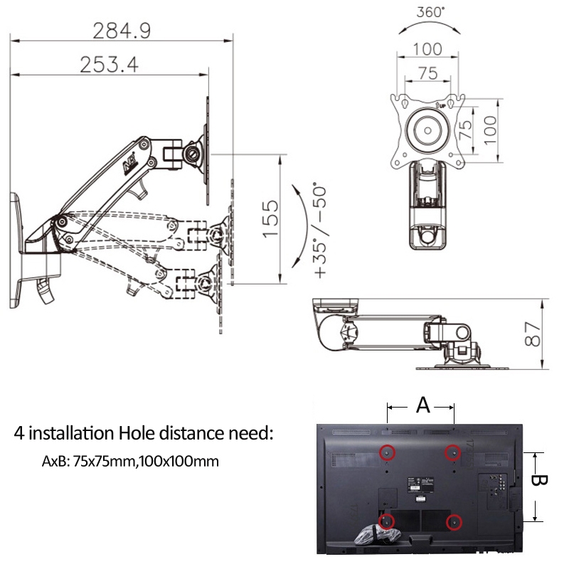 NORTH BAYOU Universal Telescopic Rotating Lifting Monitor Bracket, Model: F120 (Black). 