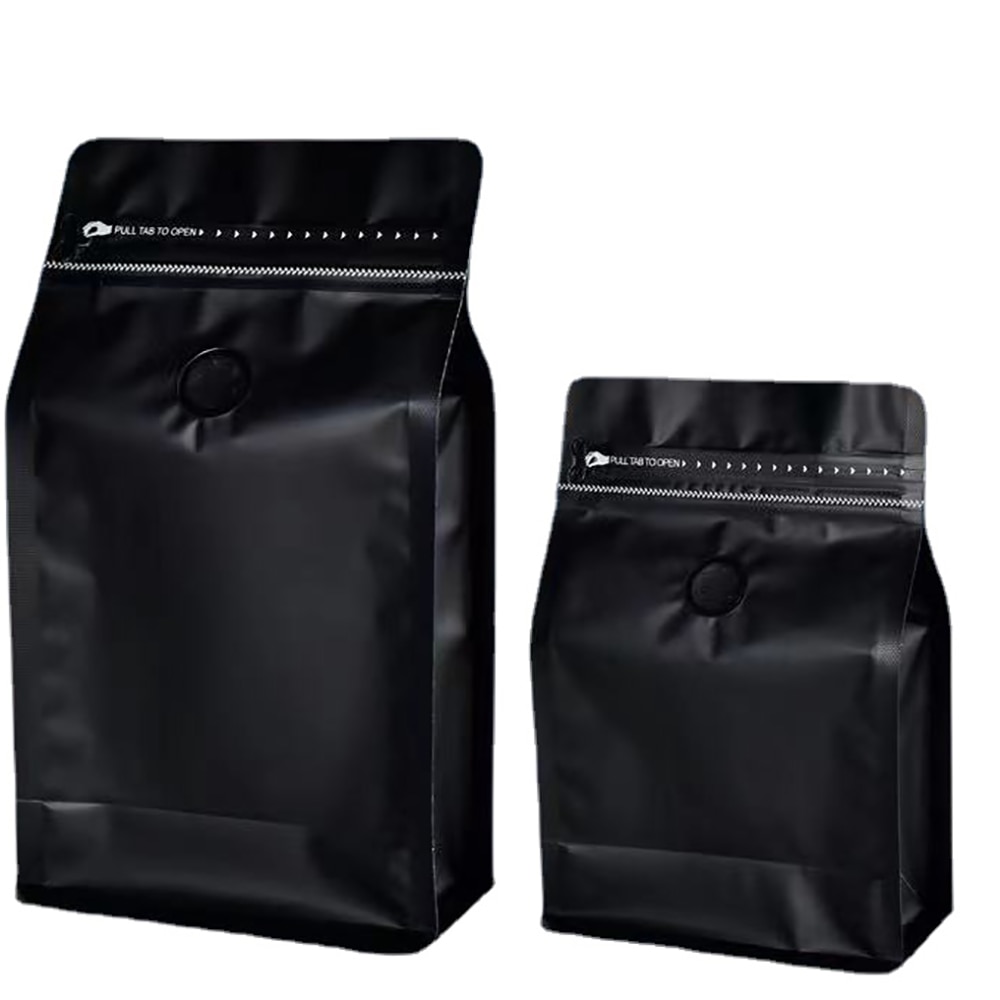50PCS 100g 250g 500g 340g 1kg Matt Black Square Bottom Foil Laminated Coffee Bag Packaging With T-Zipper And One-way Valve. 