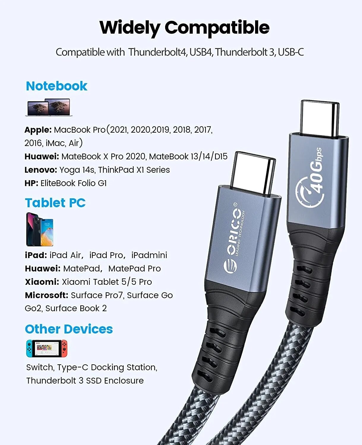 ORICO Thunderbolt 4 40Gbps USB C Cable with 100W PD Charging Display 8K@ 60Hz for MacBooks iPad Pro Huawei. 