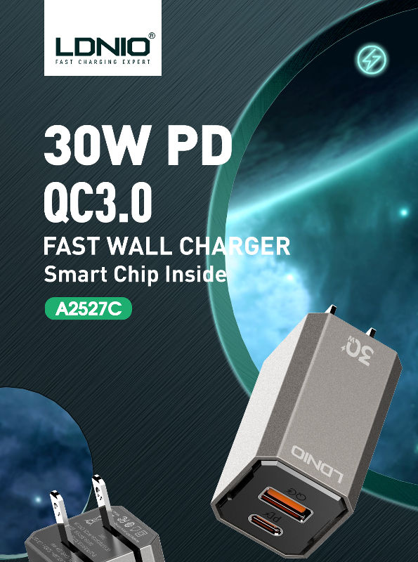 LDNIO 30W PD3.0 usb-c+USB-A fast wall Charger whit Type-C Cable A2527C - Black. 