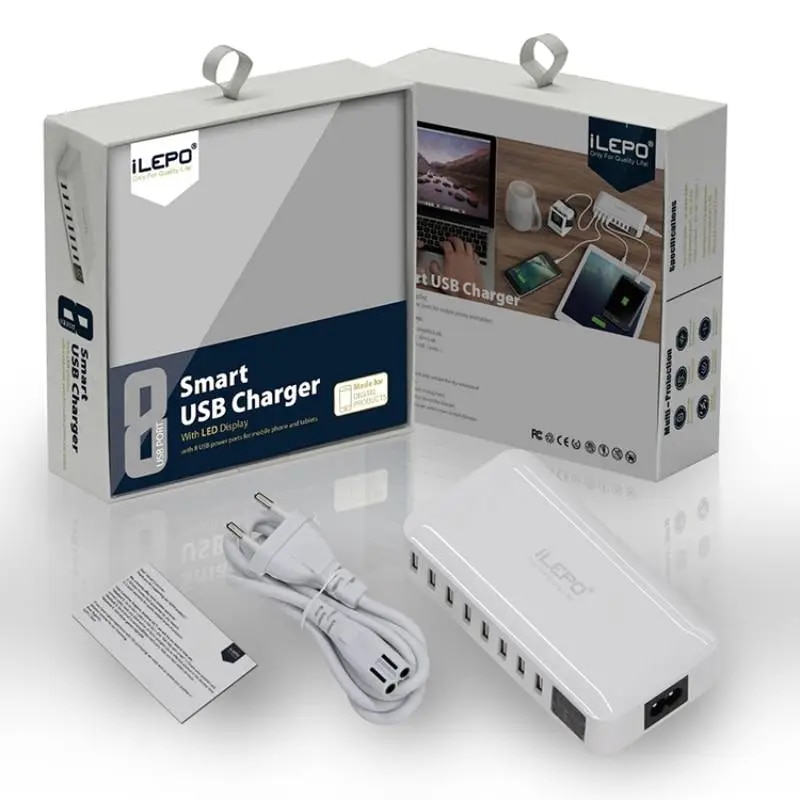 ILEPO 60W 8 Port USB Fast Charger QC3.0 HUB Smart Quick Charge LED Display Multi USB Charging Station Mobile Phone Desktop Home. 