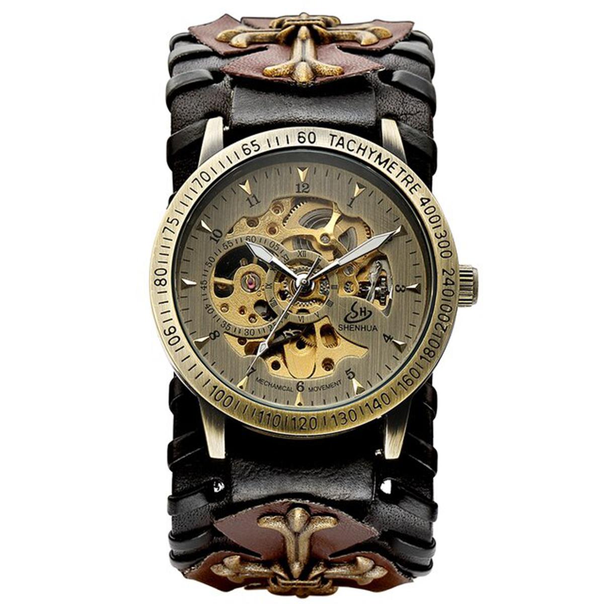 SHENHUA Retro Gothic Bronze Skeleton Automatic Mechanical Watch Men Steampunk Self Winding Clock Tourbillon Watch Reloj Hombre. 