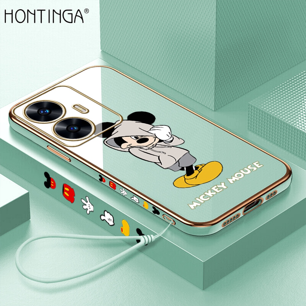 Hontinga for Realme C55 Back Cover(Free Lanyard)Luxury 6D Plating Handsome Mouse Side Pattern Case Soft Silicone Square Mobile Cover