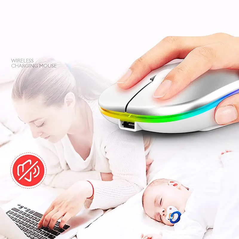 High Quality OEM USB LED Slim Rechargeable Dual Mode Mouse | 2.4GHz & Bluetooth Wireless | LED Backlit | Silent Click | For Laptop & PC. 