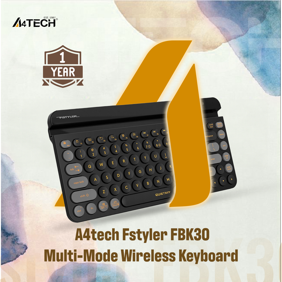 A4tech Fstyler FBK30 Multi-Mode Wireless Keyboard - 2.4G & Bluetooth Connection - Mobile/Tablets Stand - Round Keycaps - Compact Size - Compatible with Windows / Mac / iOS / Android - Blackcurrent