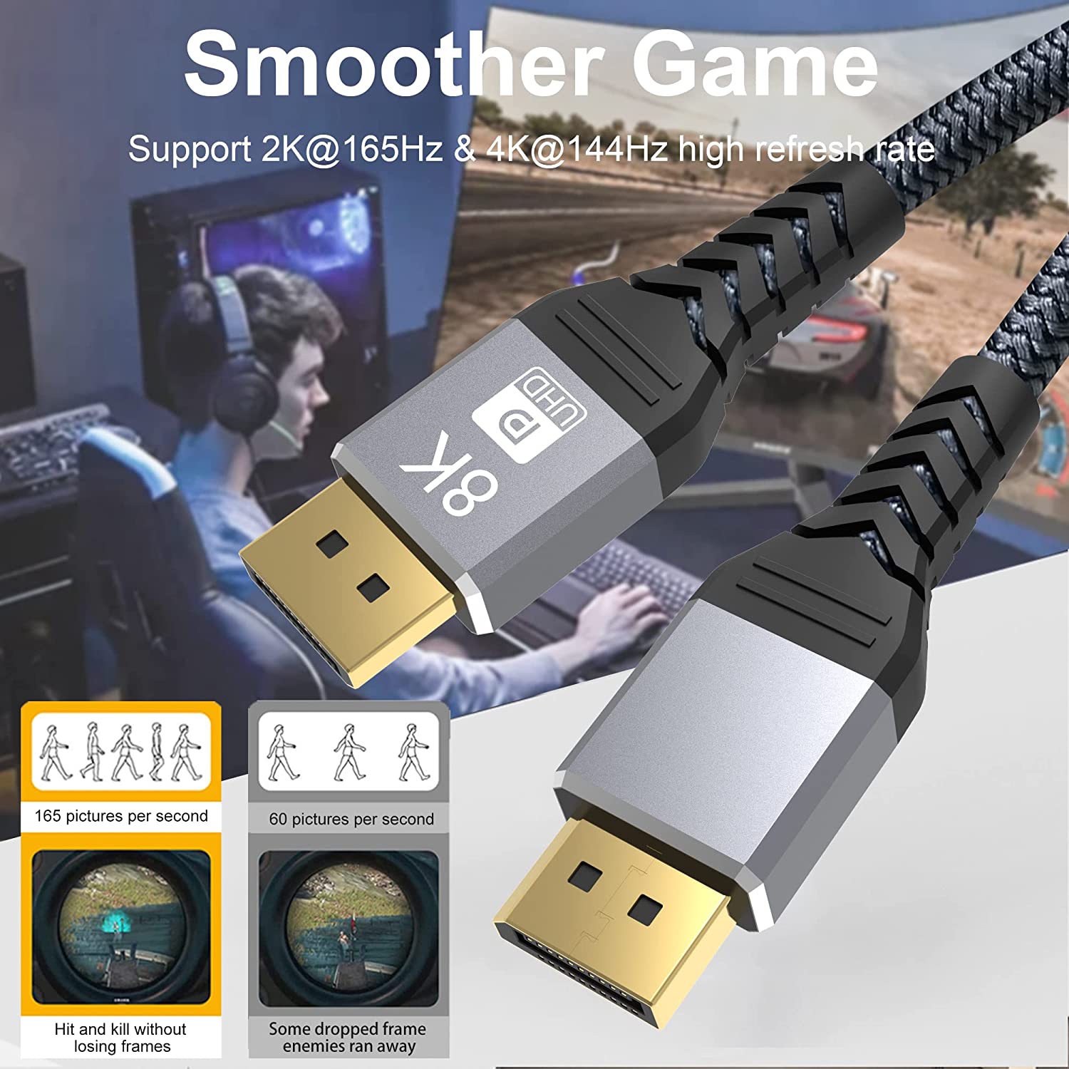 8K 60Hz DisplayPort Cable DP 1.4 4K 144Hz Display Port Displayport Cable 2K@240Hz for PC Laptop TV Projector Audio Video Cor. 