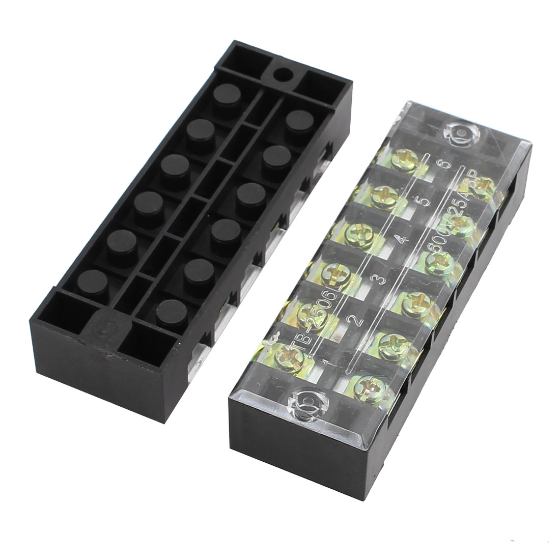 Terminal Block With Cover Connector TB-2506 600V 25A 6-Pole Double Row Screw Fixed Barrier Wire Crimp 6 Position Panel Mount. 