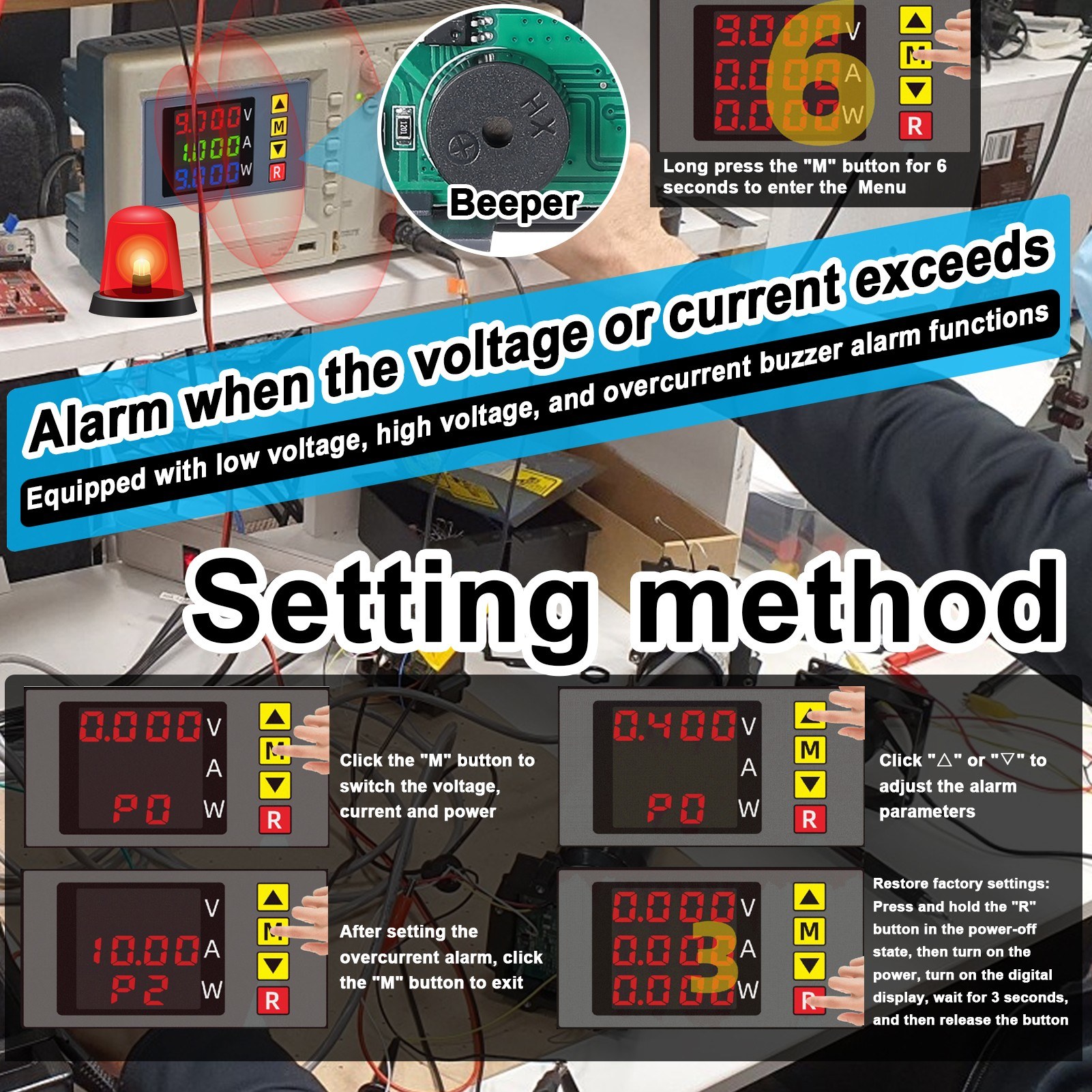 BM730 3in1 Voltage Current Power Meter 4-digit Digital Voltmeter Multifunctional Ammeter with Buzzer Supports Voltage and Current Display Fine Adjustment with Low Voltage Overvoltage and Overcurrent Sound Alarm Function. 