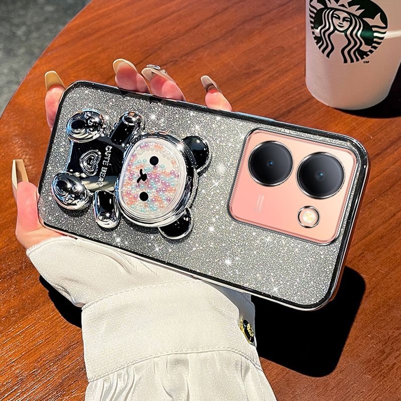 For Vivo Y36 4G / Y36 5G case with Gradient 3D Bear Folding Stand Bracket Luxury Slim Transparent Plating Glitter Girls Phone casing Clear Soft Silicone Protective Back Cover