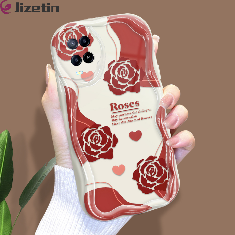 Jizetin for OPPO A54 A54 2021 Back Cover Red Rose Cream Wavy Edge Soft Silicone Phone Case