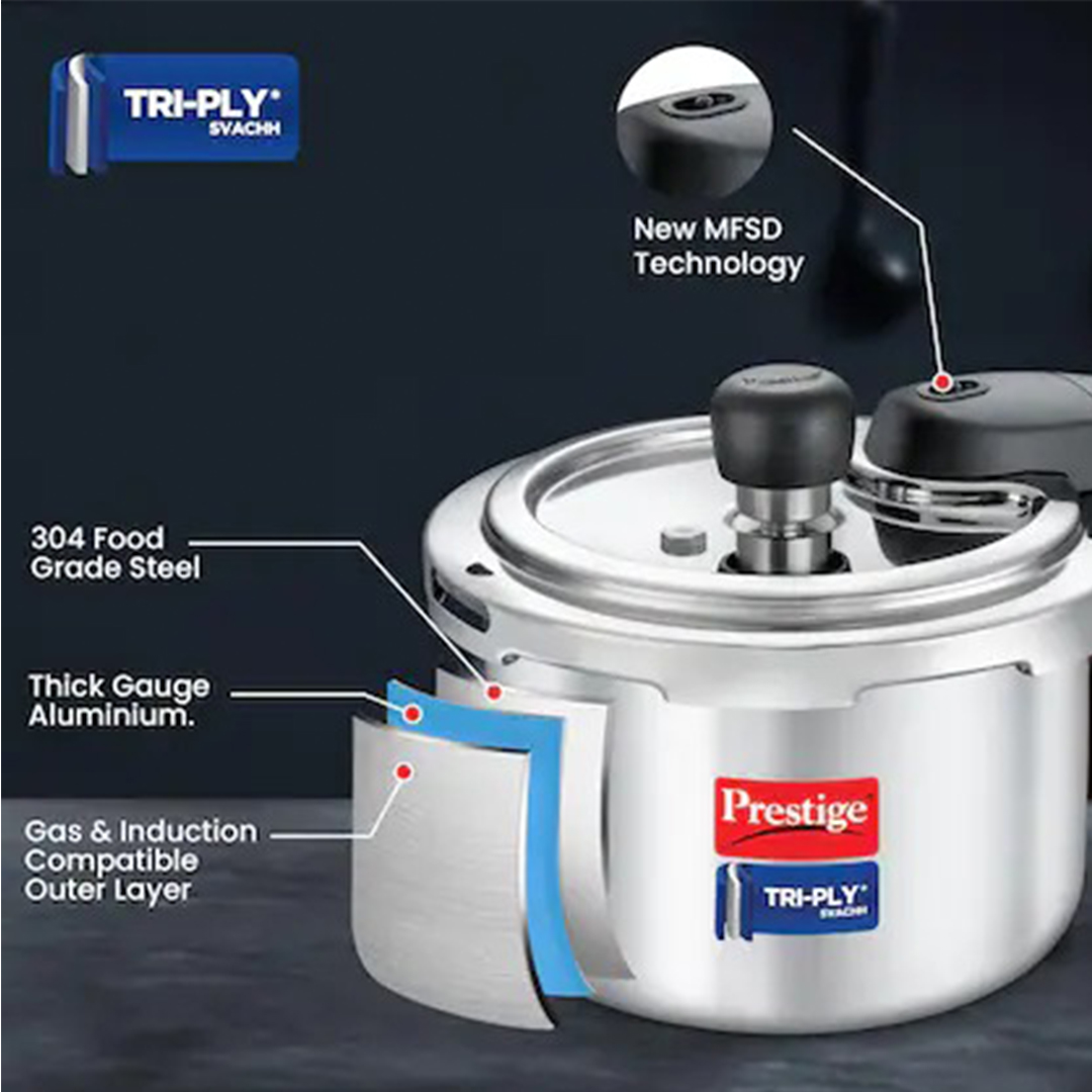 Prestige Triply Outer Lid Induction Compatible Pressure Cooker |Silver | Deep Lid Spillage Control | Even heat distribution-6Ltrs. 