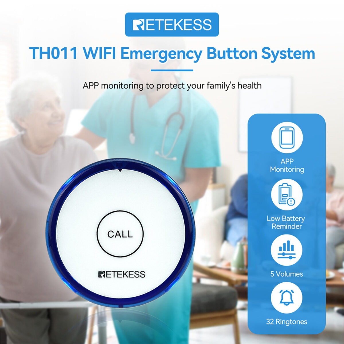 Retekess TH012 Wireless WiFi Call Button Smart SOS Button for Caregiver Pager 20m for Elderly Patients by Connecting Mobile APP or Retekess WiFi Receiver. 