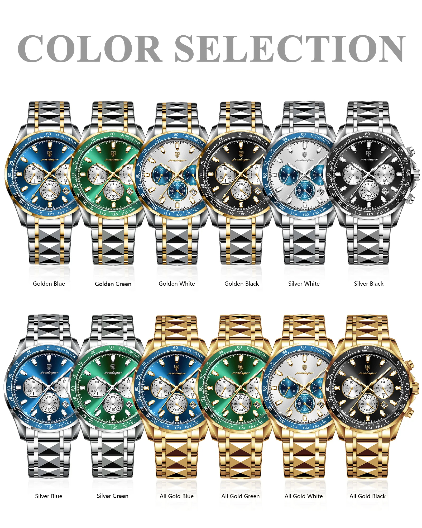 POEDAGAR 815 brand sports waterproof luminous date chronograph stainless steel quartz men's watch. 