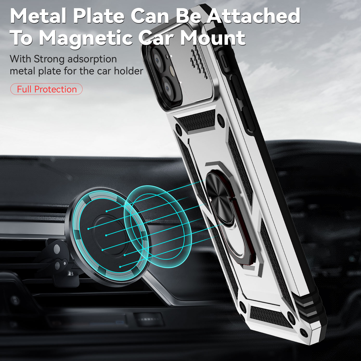 For iPhone 12 Mini Case with Slide Camera Cover, 360° Ring Holder Metal Kickstand, work for Phone Holder Car Mount, Drop Peep Protection. 