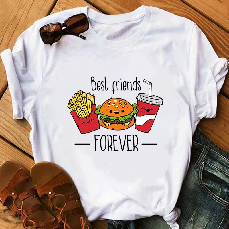 Funny French Fries Hamburger Print T Shirts women 90s Cute