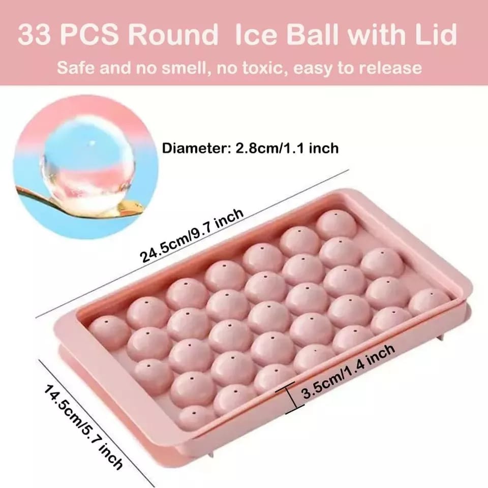 Round Ice Cube Tray | Ice Ball Maker with Non-Spill Lids, 33-Cavity Small Ice Sphere Molds for Whiskey, Water, Cocktail Drinks, Wine, Ice Cream, Chocolate. 