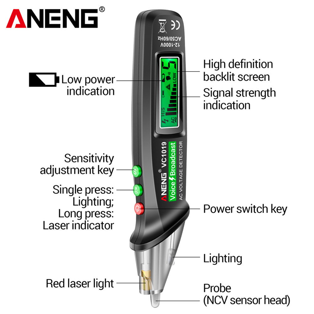 ANENG VC1019 DC AC Test Pen Voice Broadcast Voltage Detector 12-1000V Volt Current Non-Contact Pen Electric Tester Meter Tool. 