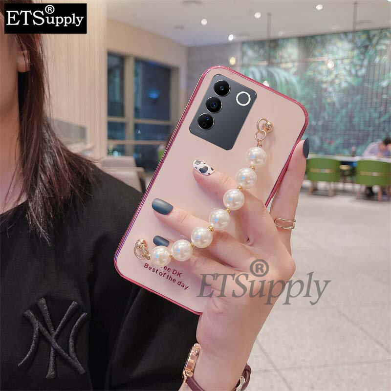Phone Case VIVO V27E V27 Pro Cover Softcase Soft Transparent Plating Electroplating Shiny Casing + Pearl Bracelet for Vivo V27 Pro V27E Casing Cover