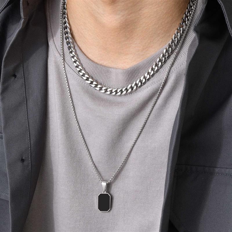Double Layer Necklaces for Men Geometric Square Pendant Wheat Box Cuban Chain Cool Boy Collar Necklace. 