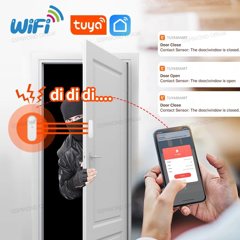 Tuya WiFi Door Window Sensor Independent Open/Close Door Detector Sound Alarm Smart Home Wireless Security Burglar Alarm. 