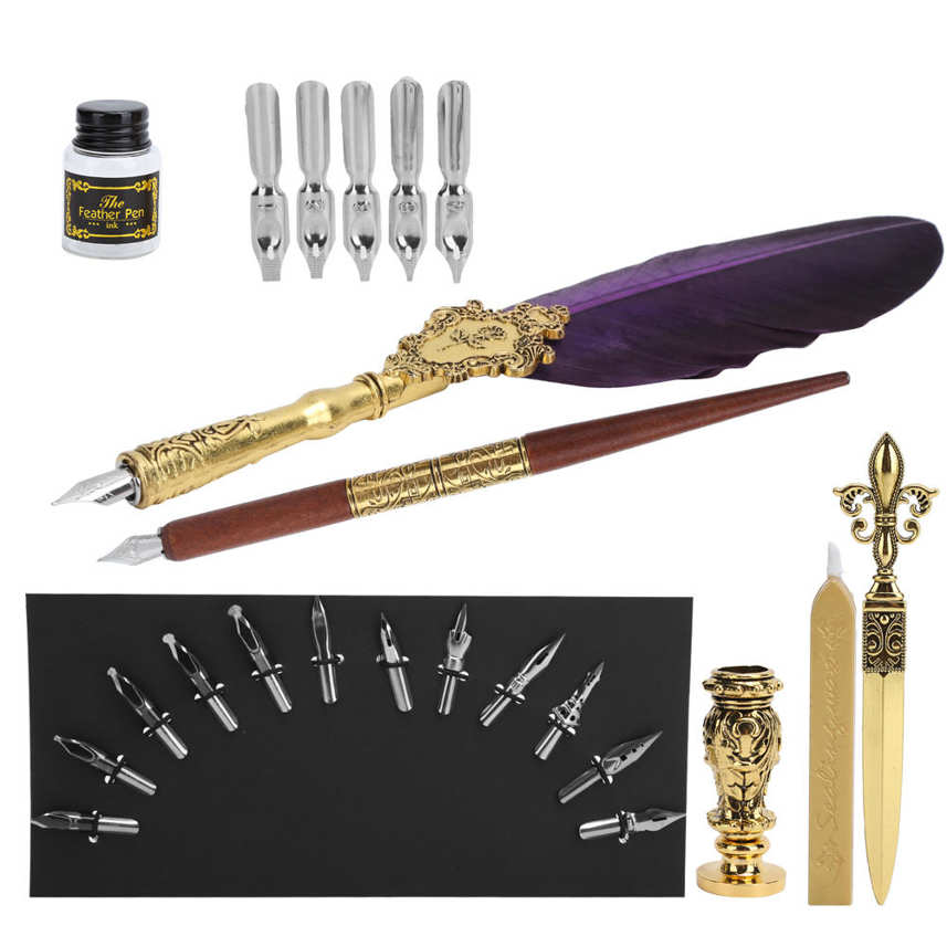 Feather Pen Kit Set Calligraphy Writing Drawing Quill Dip Vintage Art Craft Collection. 