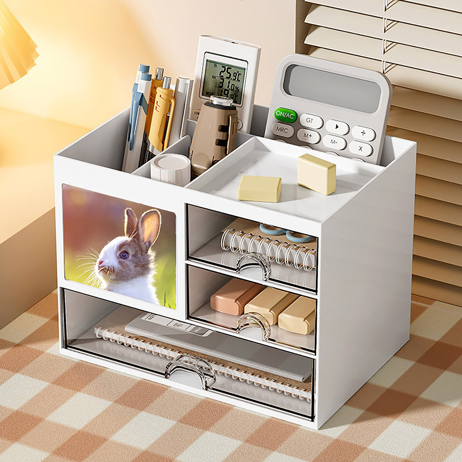 Multifunctional Desk Organizer Large Capacity Desk Organizer with Drawer Pen Holder Multi-compartment Storage Case for Office Supplies. 