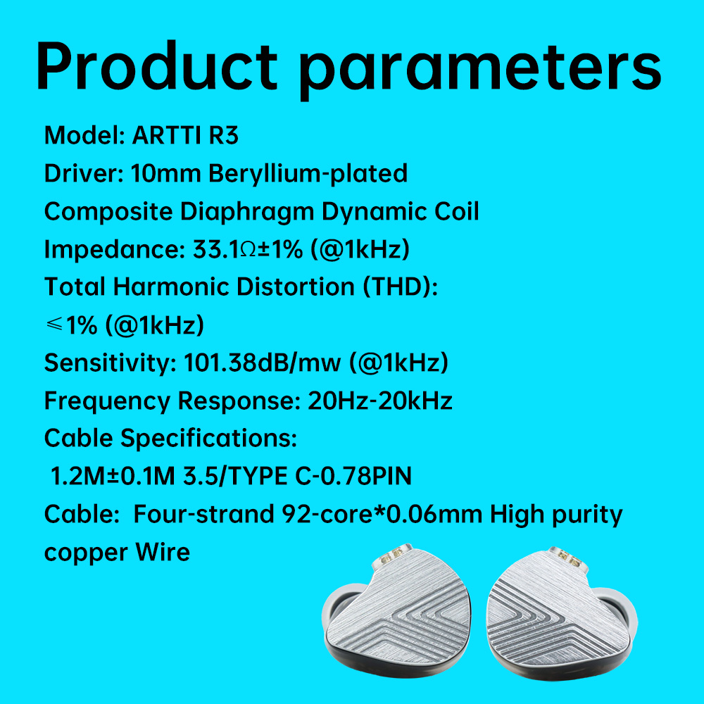 Newest ARTTI R3 In-ear Earphone 10mm Beryllium-plated Dynamic Driver Monitor HIFI Earphone,with 0.78 2pin/Type-c Connector Cable. 