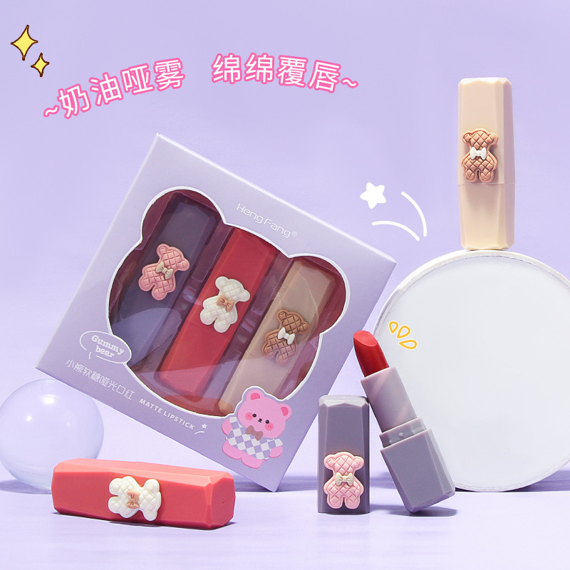 Hengfang Xiaomeng Bear Gummies Matte Lipstick Velvet Matte White Three-Piece Box Girl's Heart Student Girl Makeup