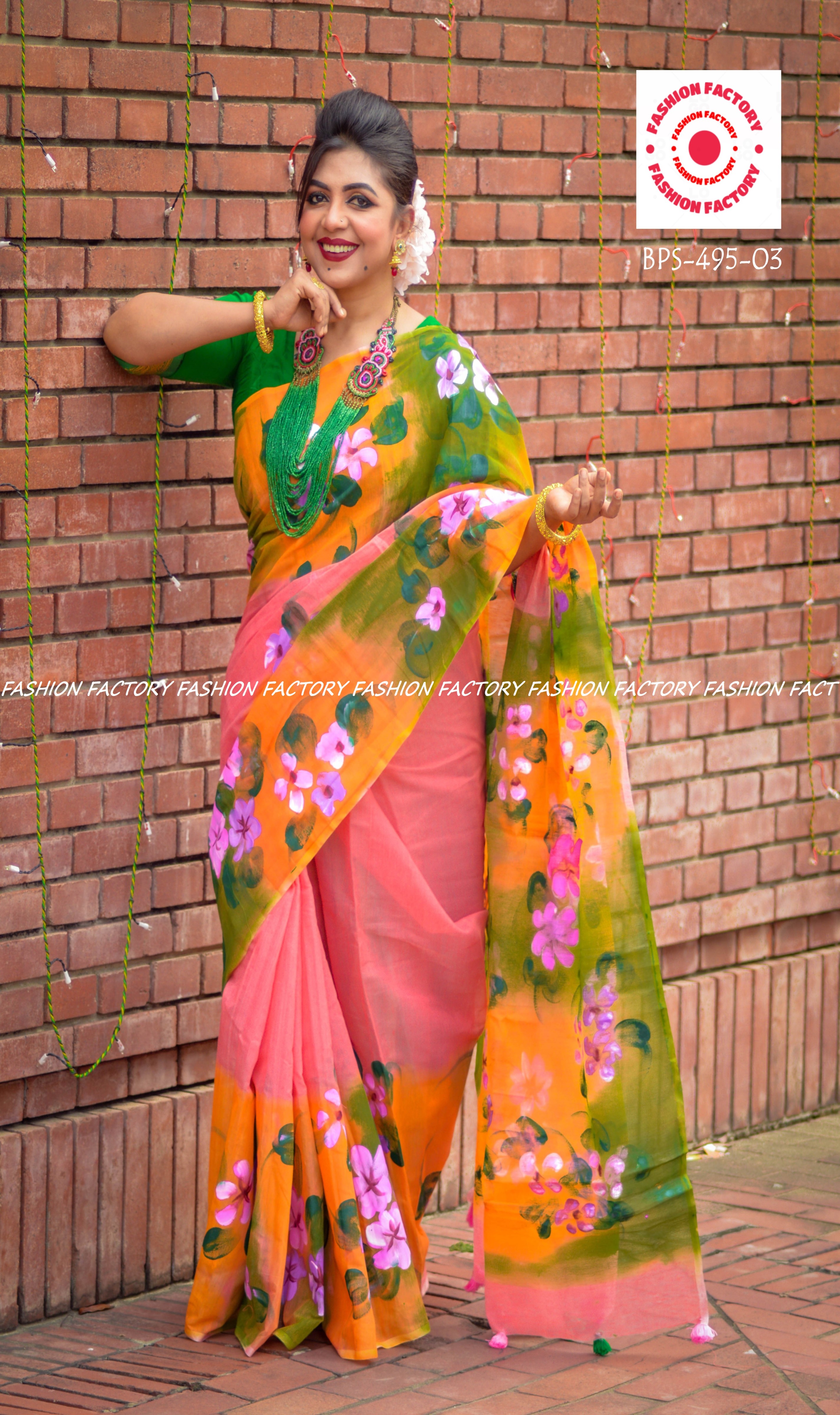 Stylish Fashionable Trendy Gorgeous Party Half Silk Misti Green Hand Paint Saree Set for Women/Girls. 