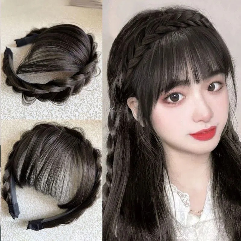 Synthetic Fake Bangs Hair Neat Fringe Bands with Double Row Braids Headband Heat Resistant Bangs In Hair Extensions Hairpieces
