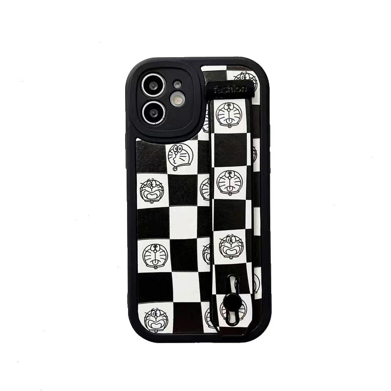 Fine Hole Wrist Strap Suitable iPhone15 Phone Case Apple 14Pro Cartoon bracket XSMAX Leather Protective Cover. 