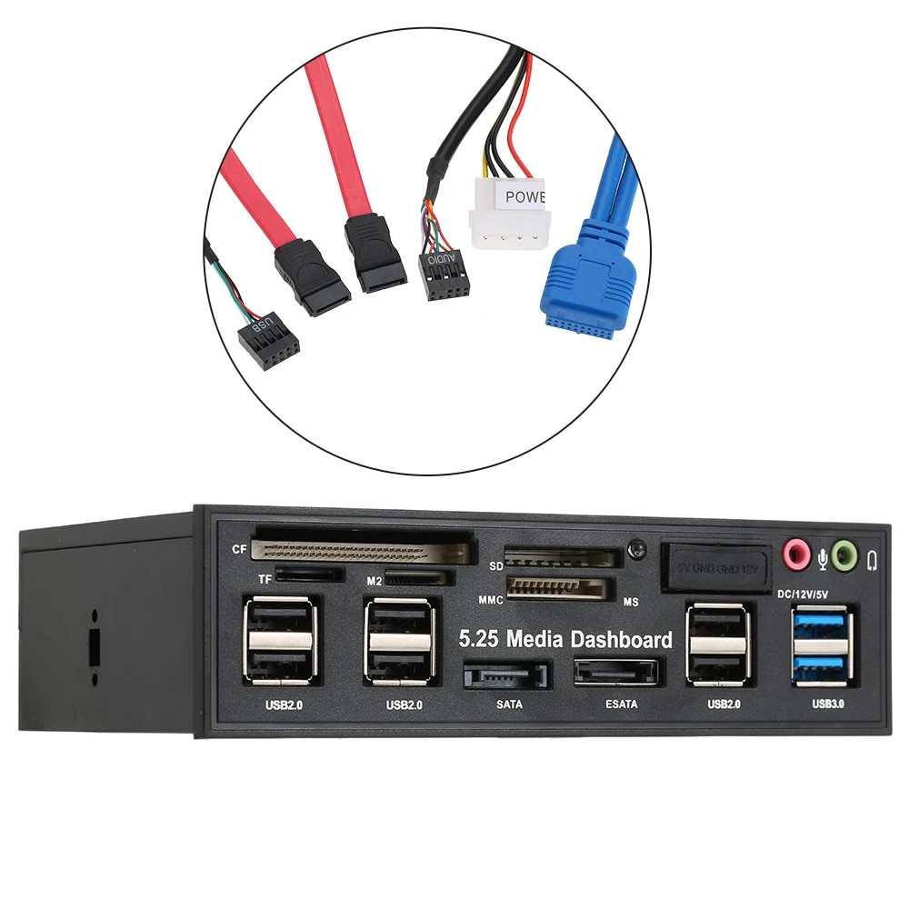 Multi-Function USB 3.0 Hub eSATA SATA Port Internal Card Reader PC Media Front Panel Audio for SD MS CF TF M2 MMC Memory Cards. 
