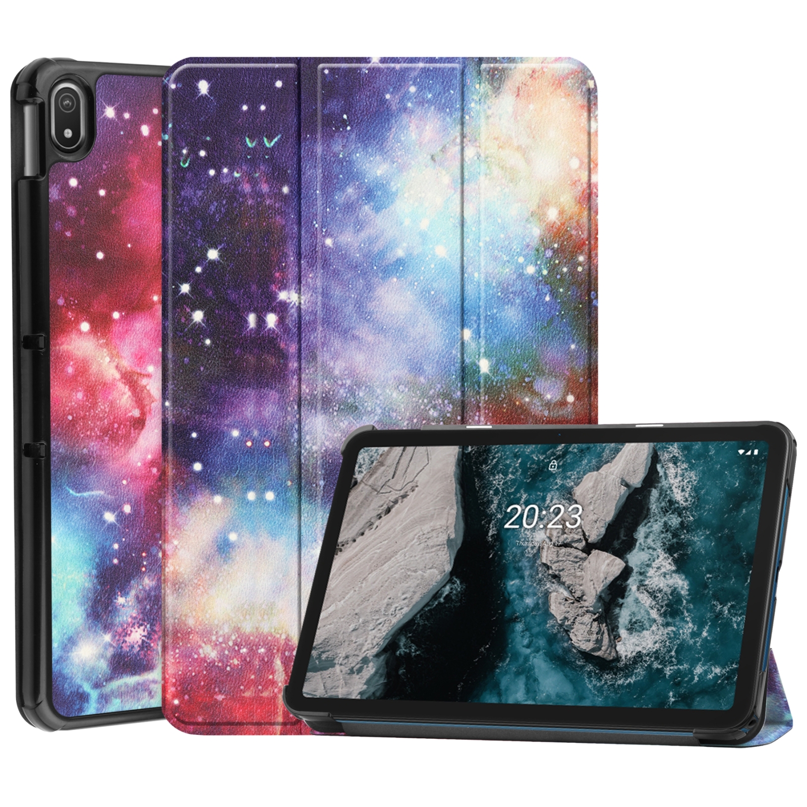 For Nokia T20 Painted Leather Tablet Case with 3-Fold Holder