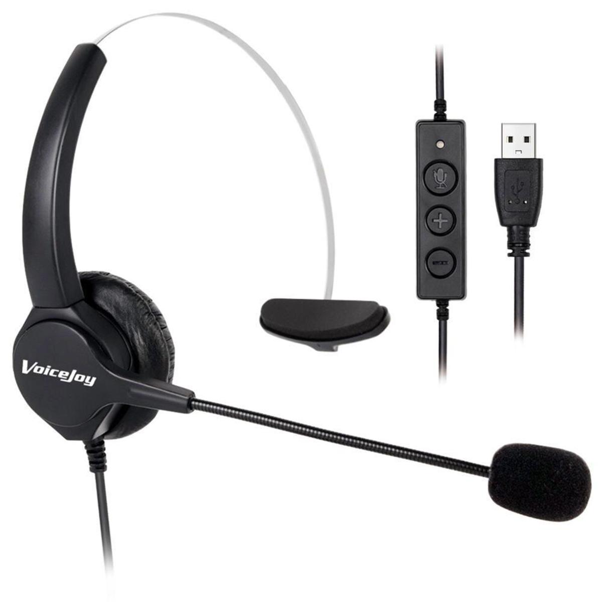 Call Center Noise Cancelling Corded Monaural Headset with Mic Microphone with USB Plug, Volume Control and Mute Switch