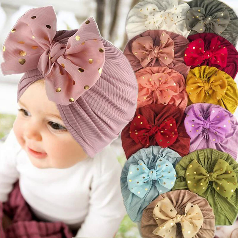 【Pioneer Gong】Lovely Shiny Bowknot Baby Hat Cute Solid Color Baby Girls Boys Hat Turban Soft Newborn Infant Cap Beanies Head Wraps