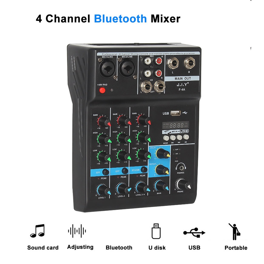 4 Channel Bluetooth Mixer Audio Mixing DJ Console with Reverb Effect. 