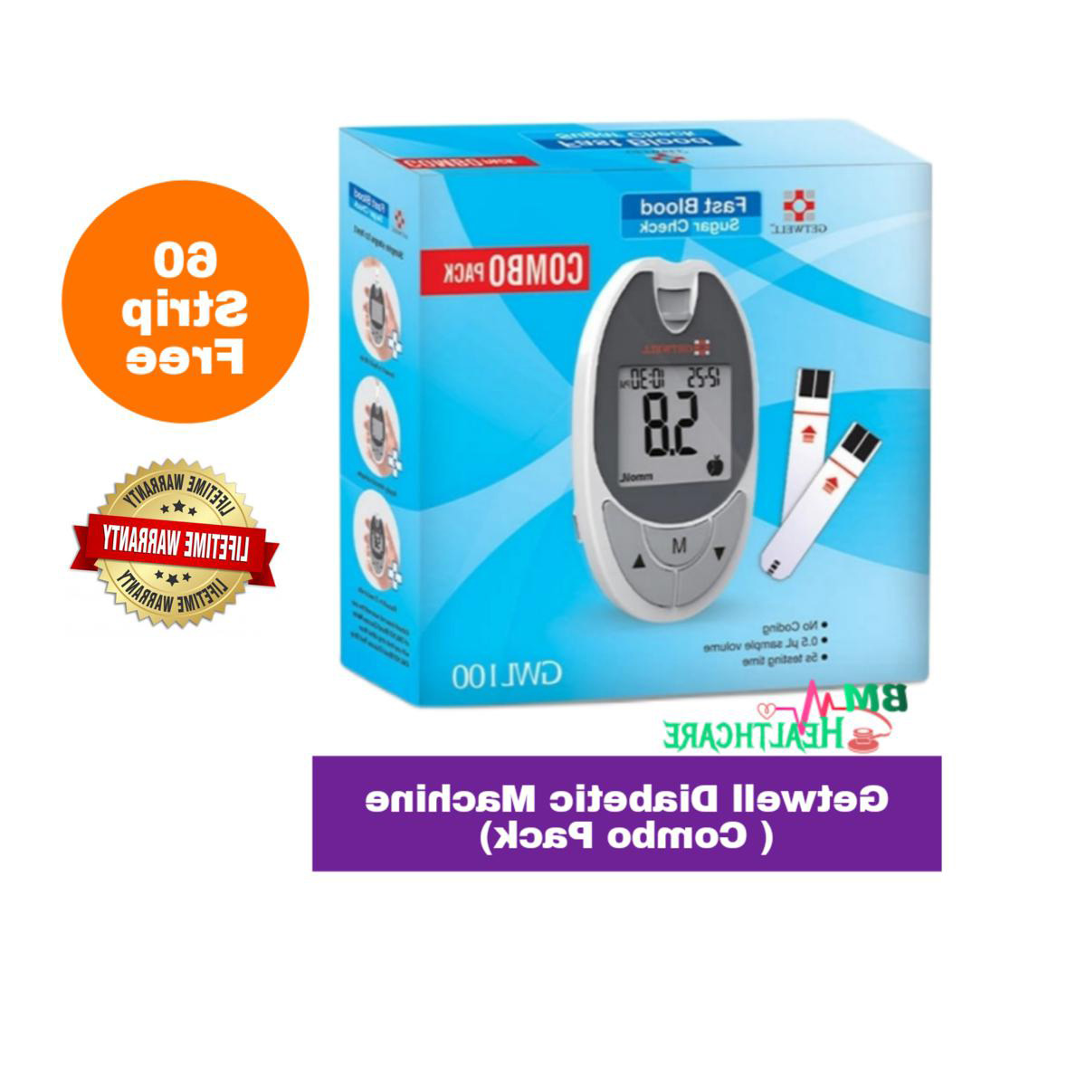 Getwell RFL GWL100 Fast Blood Sugar Check Glucometer Blood Glucose Monitoring System Diabetic Machine. 