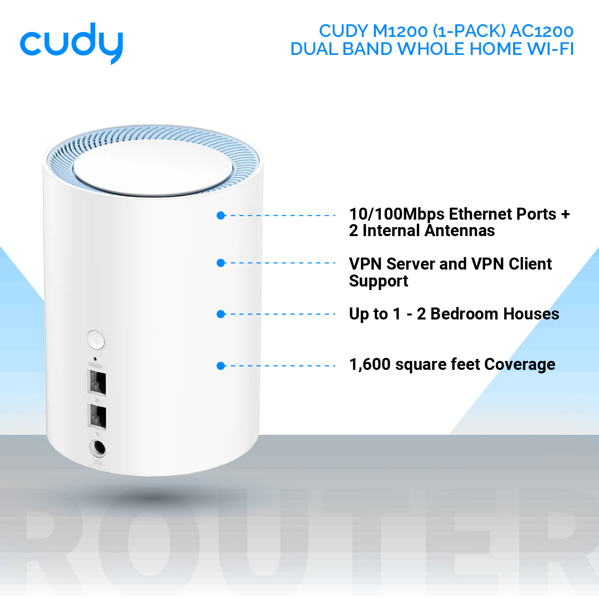 Cudy M1200 (1-pack) AC1200 Dual Band Whole Home Wi-Fi Mesh System - 867Mbps on 5GHz and 300Mbps on 2.4GHz - 2 Internal Antennas - White. 