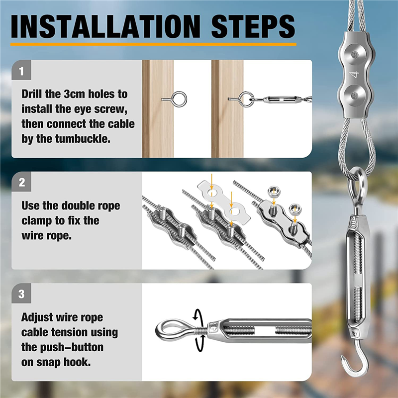 Stainless Steel String Light Hanging Kit Coated Wire Rope with Turnbuckles and Hooks for Deck Railing System Climbing Plants. 