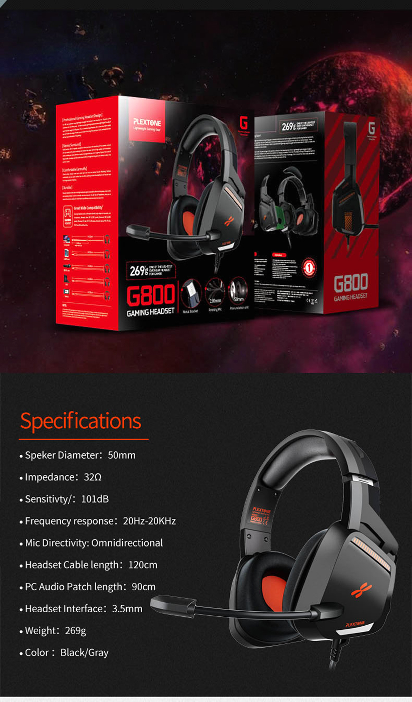 PLEXTONE G800 Gaming Headset, Over-Ear Headphones with Volume Controller, Retractable Microphone, Deep Bass and HD Sound Quality, All Device Support (Black). 