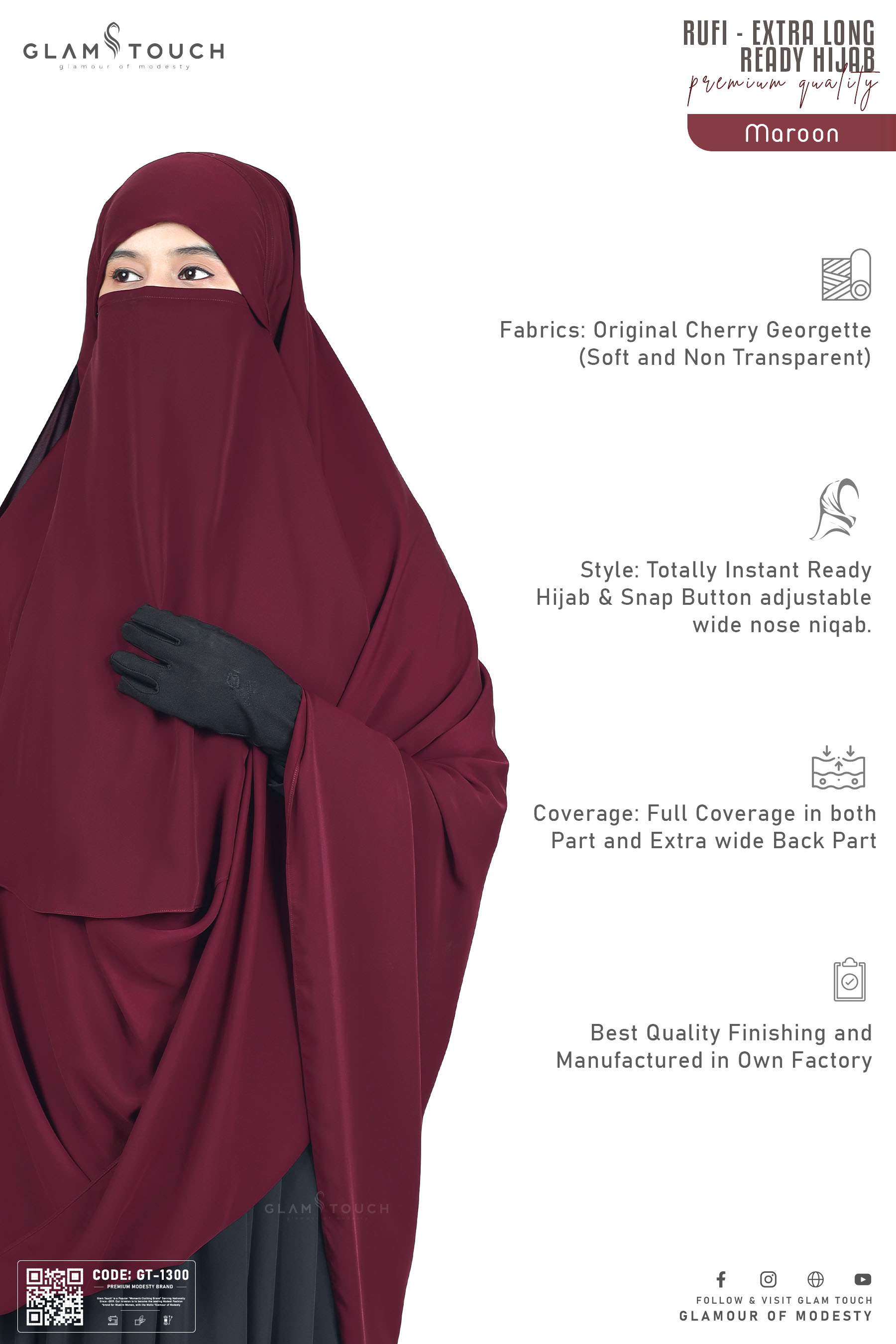 Glam Touch Extra Coverage One Loop Ready Hijab Set. 