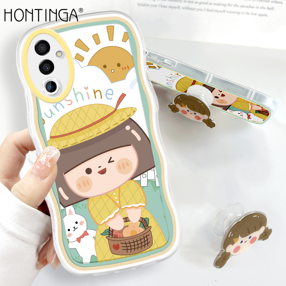 Hontinga for Samsung Galaxy F23 M23 5G 5G Back Cover + Free Holder Lovely Girl Soft Wavy Phone Case Camera Protection Transparent TPUCover