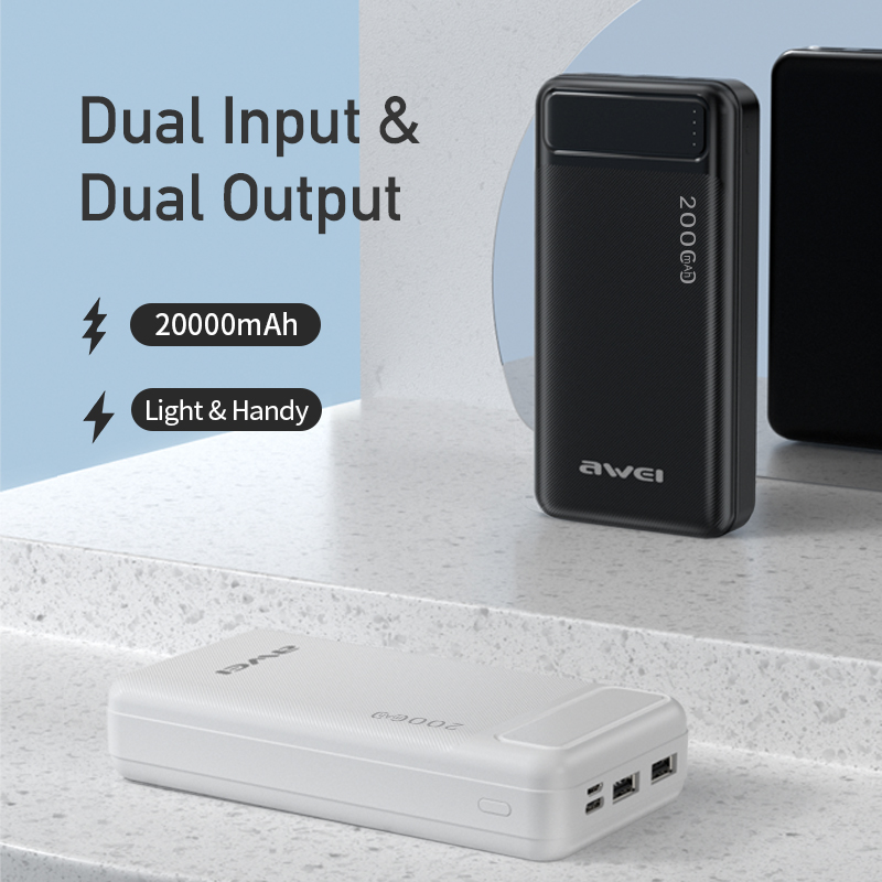 Awei P6K 20000mAh Fast Charging Dual USB Port Powerbank Micro USB and Type C Input Power Bank Black. 