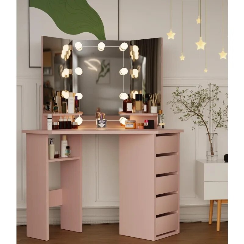 Corner Vanity Desk with Drawers and Mirror, Corner Makeup Vanity with Mirror and Lights, Small Bedroom Vanity Table Makeup Desk. 